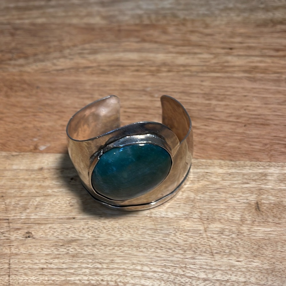 Rustic Silver Cuff Bangle Natural Gemstone Oval B… - image 2